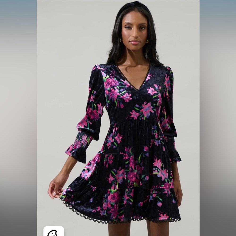 Sugarlips Velvet Floral Tiered Midi Dress - Black with Pink & Green Floral